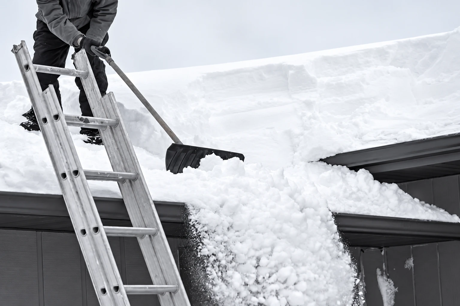Déneigement d’une toiture à la pelle, depuis une échelle