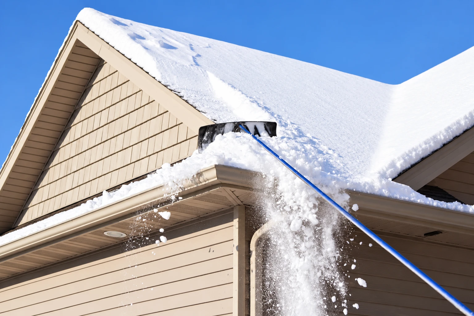 Neige retirée du toit d’une maison avec un râteau à toiture